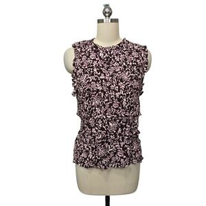 Madewell Smocked Floral Top Women Size 12 Ruffle Sleeveless Mock Neck Brown Pink